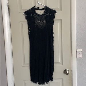 High neck, black lace, open back dress